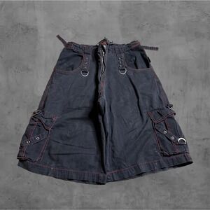 TRIPP NYC Mens Black Cargo Shorts Red Stitching Buckle Detail Punk Goth